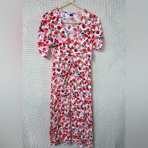 Old Navy Puff Sleeve V Neck Ruched Front Crepe Floral Midi Dress NWT